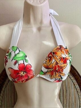 VENUS Tropical Print Floral and Orange Accents Halter Top
